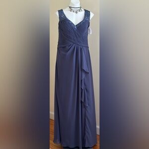 JJ’s House NWT Mauve Lace Stormy Blue Chiffon Draped V Neck Folral Dress Sz 14.